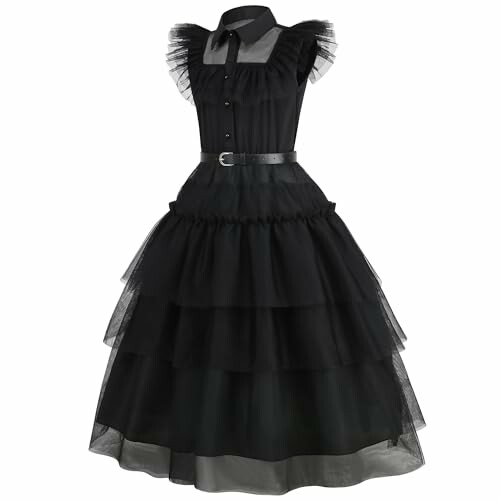 Black layered dress with buttoned top and belt.