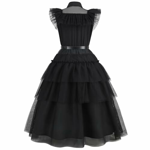 Black tiered dress with ruffled layers.