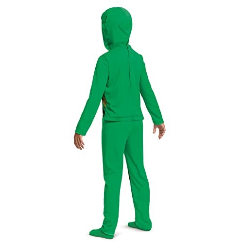 Child in green hooded costume, back view