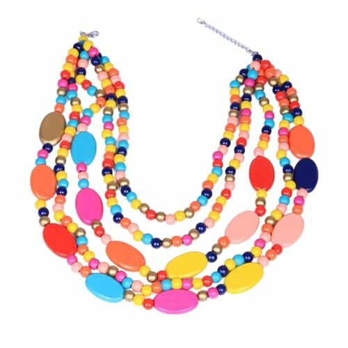 Multicolored beaded necklace with various shapes and sizes.