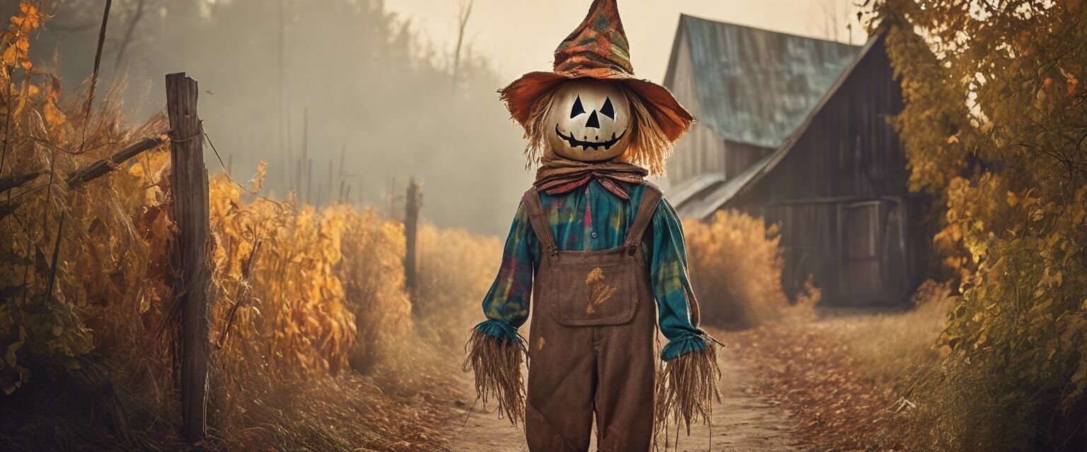 Whimsical scarecrow costume made from upcycled materials