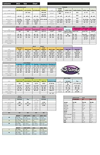 2021 costume size chart with various measurements.
