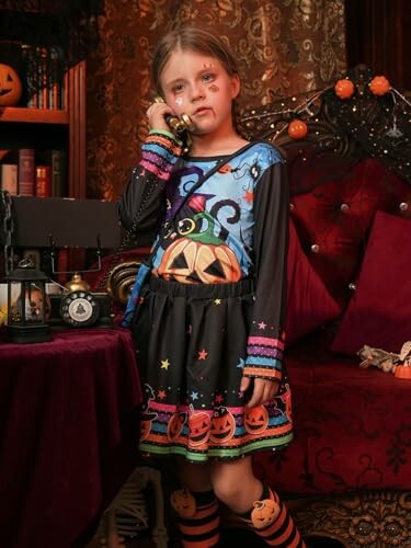 Young girl in a Halloween costume with pumpkins, standing by a vintage phone.