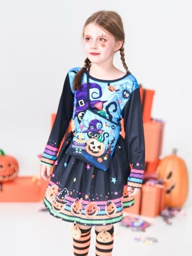 Girl in colorful Halloween costume with pumpkins and candy background