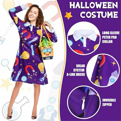 Woman wearing a purple Halloween costume dress with space-themed design.