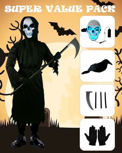 Grim Reaper costume with accessories including mask, crow, scythe, and gloves.