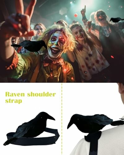 People in Halloween costumes with raven shoulder strap accessory.