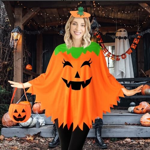 Person in a pumpkin costume with Halloween decorations.