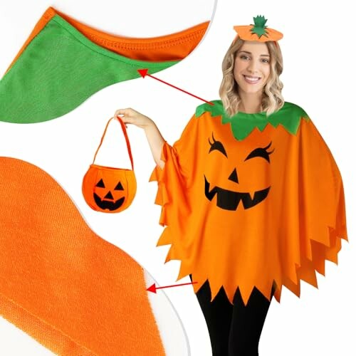 Woman wearing a pumpkin-themed Halloween costume with a matching bag.