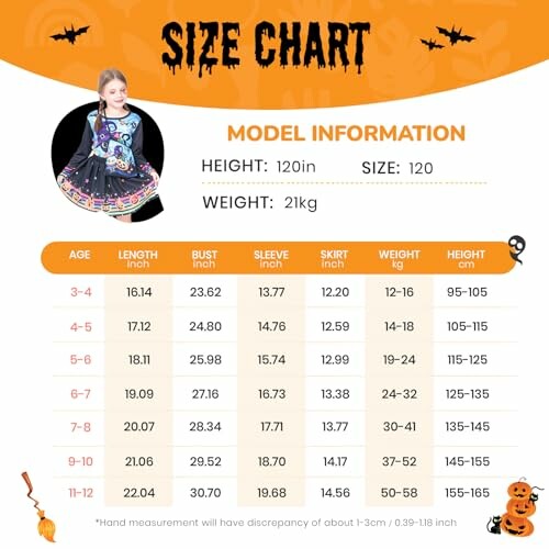 Halloween themed size chart for children's clothing with model information.