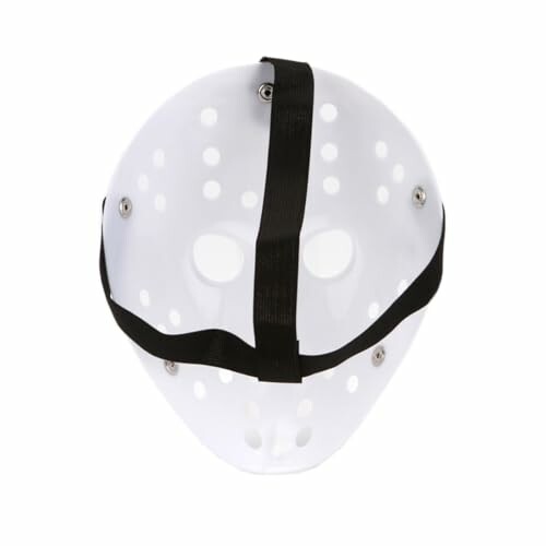 White hockey goalie mask with black straps