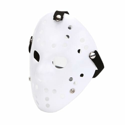 White hockey mask with black straps