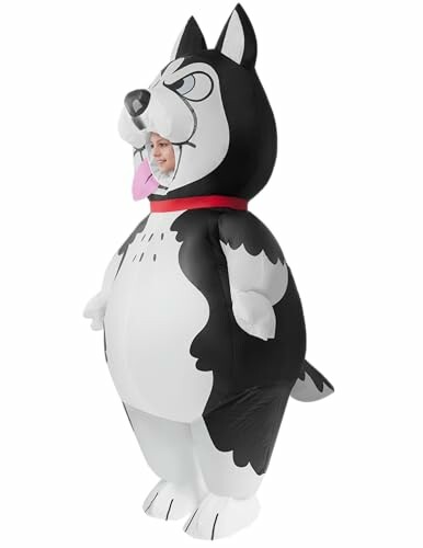 Person wearing inflatable dog costume.