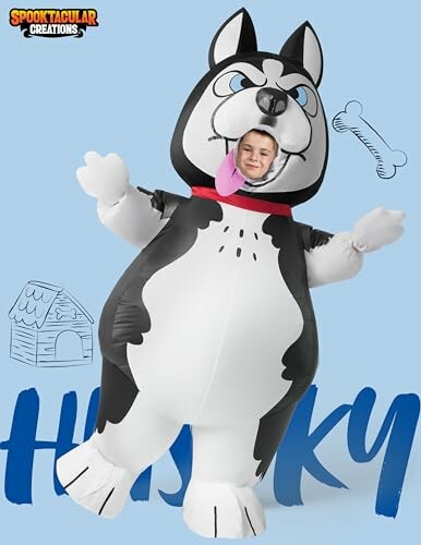 Person in inflatable husky costume with playful background.