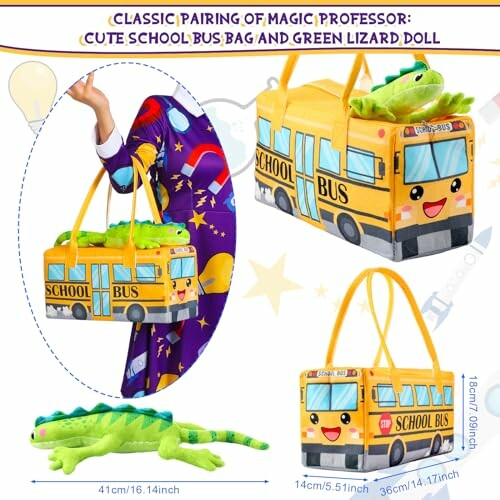 Magic professor with school bus bag and green lizard doll.