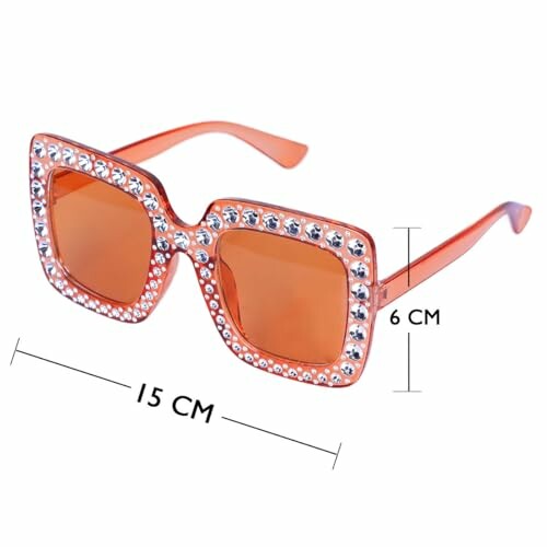 Orange square sunglasses with rhinestone embellishments, measuring 15 cm by 6 cm.