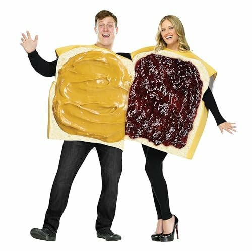 Two people wearing peanut butter and jelly sandwich costumes.