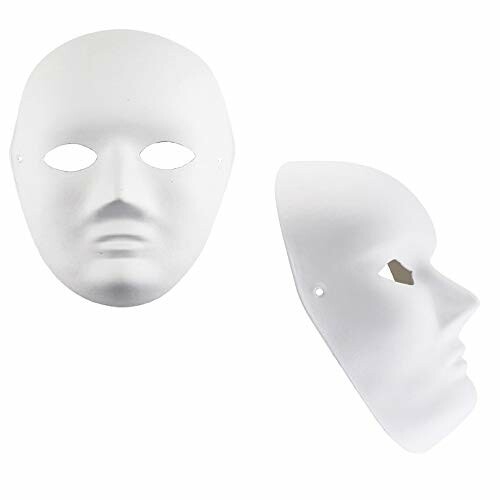 Two plain white face masks, one frontal and one side view