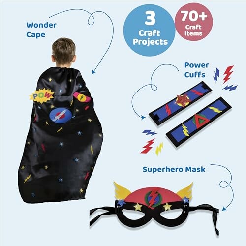 Superhero costume craft kit with cape, cuffs, and mask.