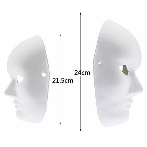 Two white half-face masks with dimensions labeled