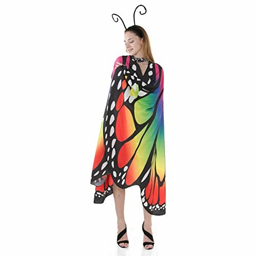 Woman wearing colorful butterfly costume with antennae headband