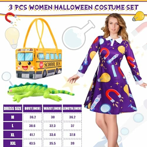 Women's Halloween costume set with dress, bus bag, and dinosaur accessory.